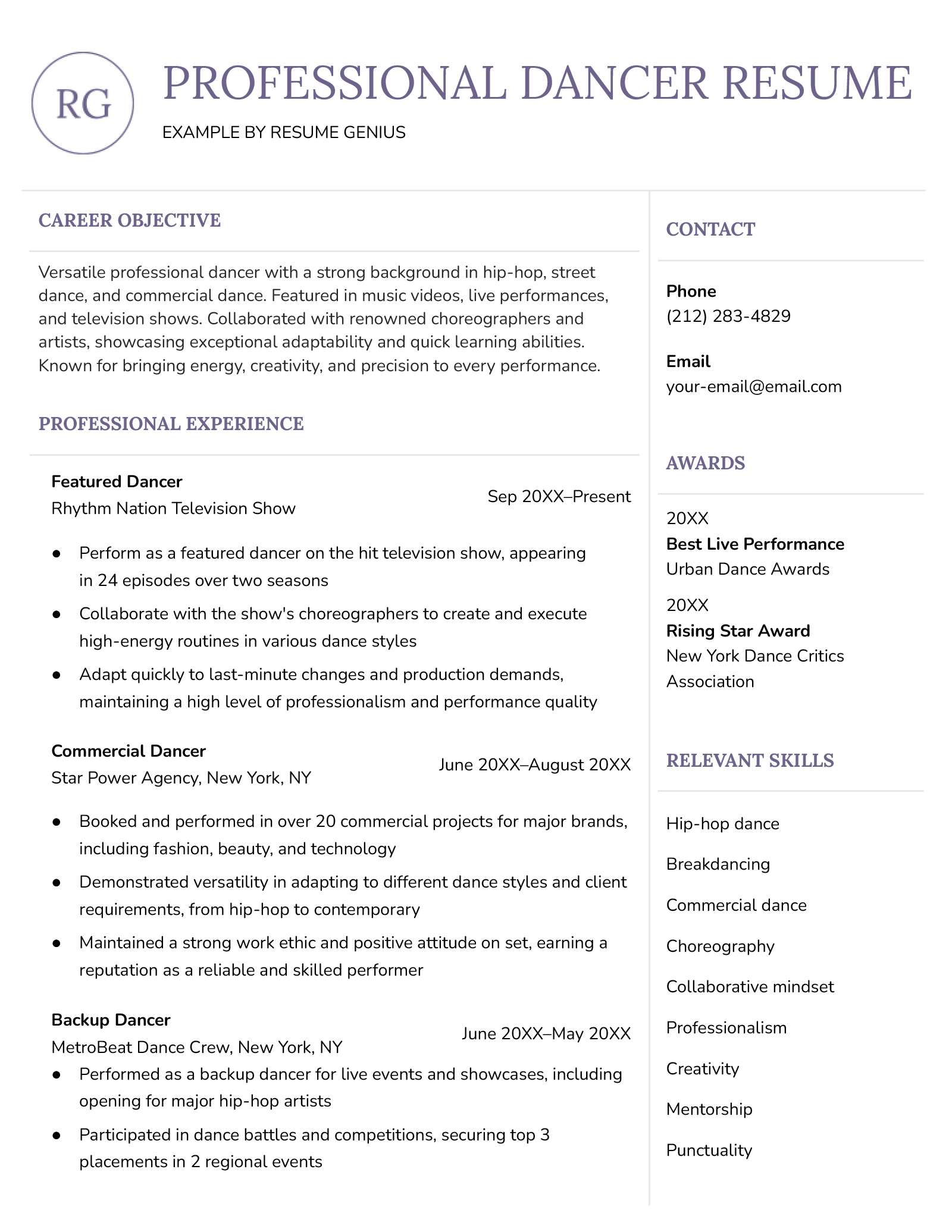 An example of a resume for a professional dancer
