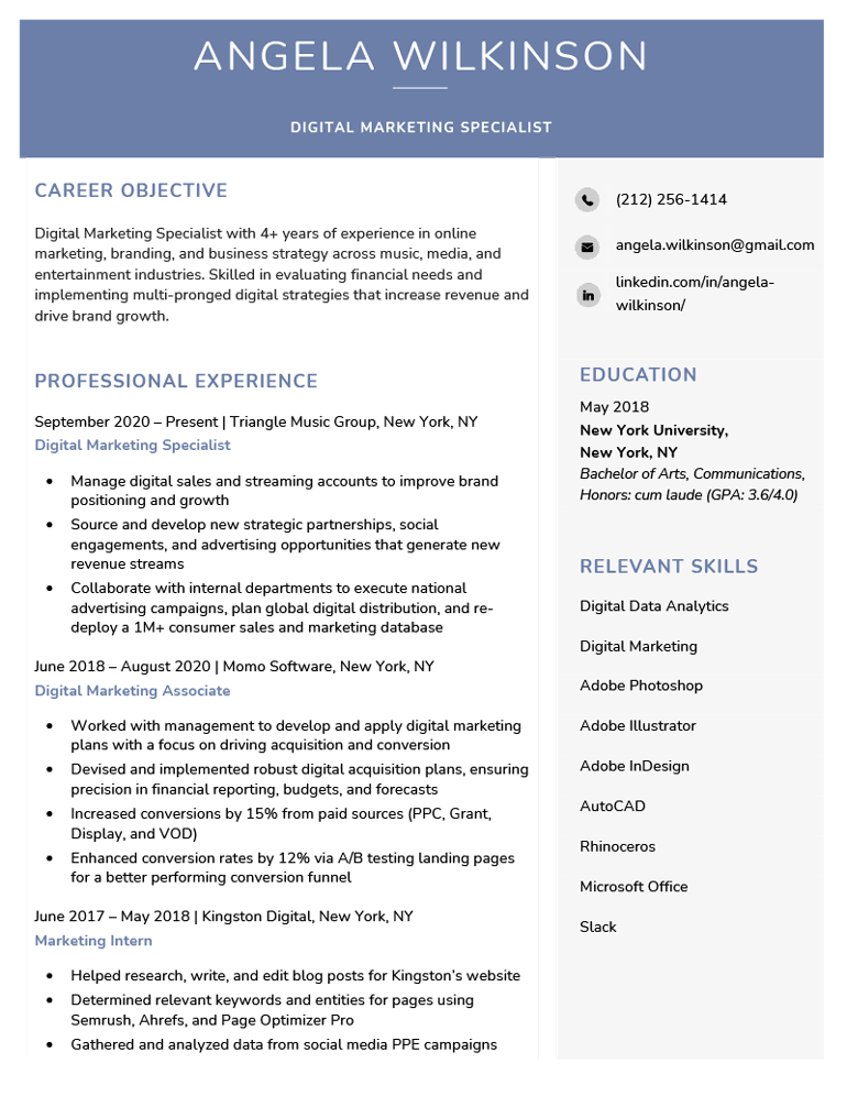 An example of a professional resume layout with a blue header bar and light gray side panel.