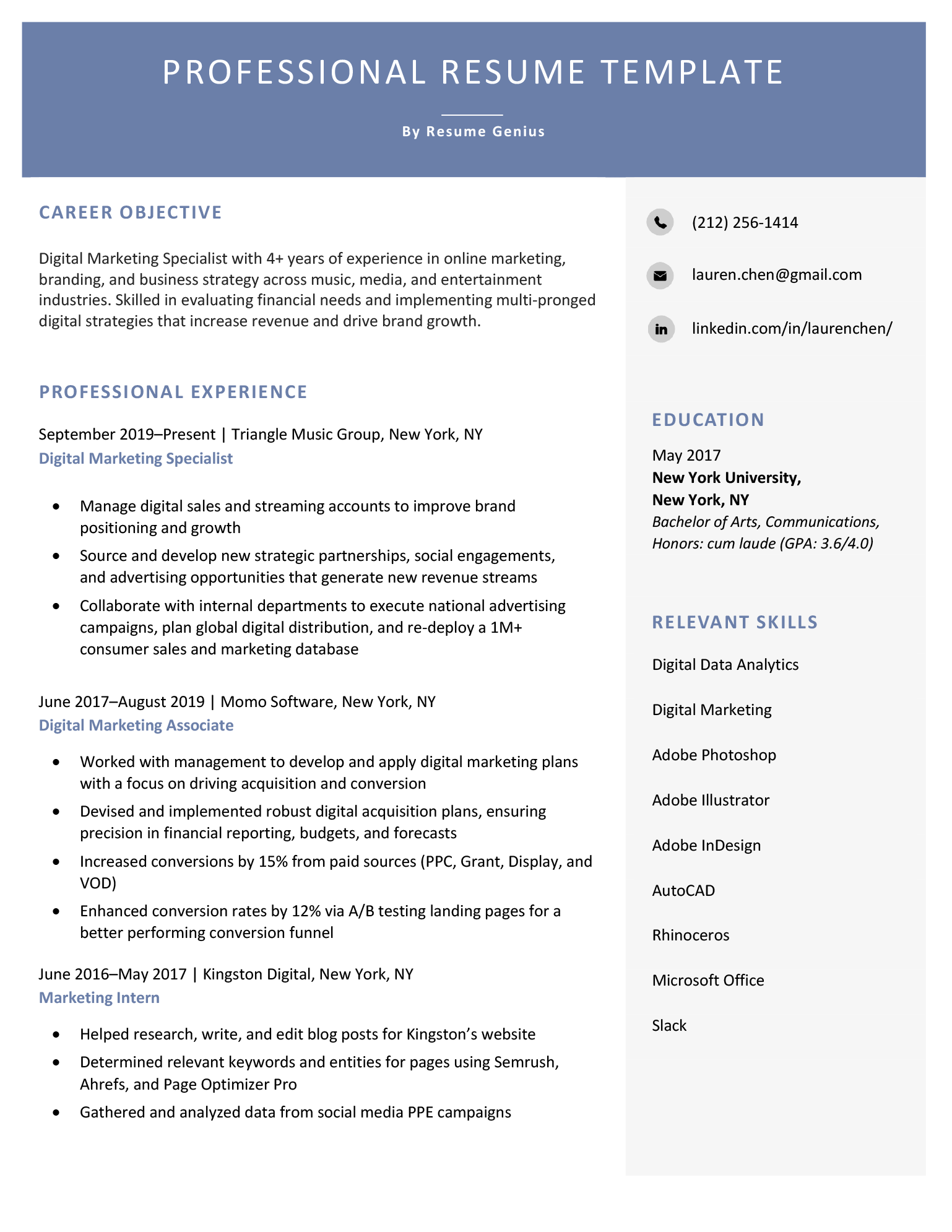 Professional resume template, featuring a modern yet formal design.