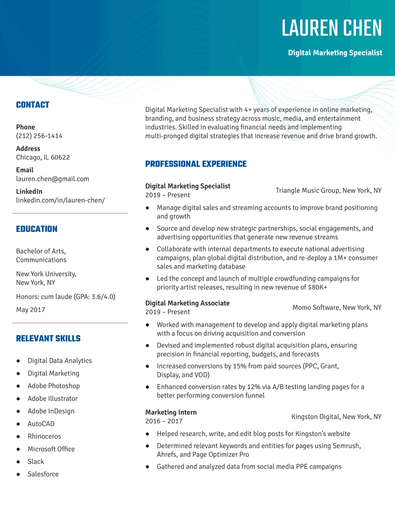 Example of a professional resume that uses a reverse chronological format and features an aesthetic header with a color gradient. 