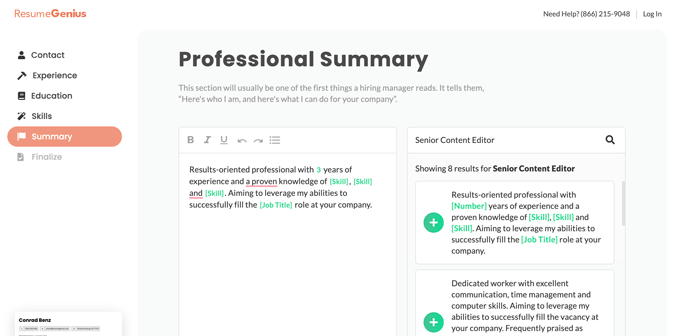A screenshot from the Resume Genius resume generator where you draft a professional summary