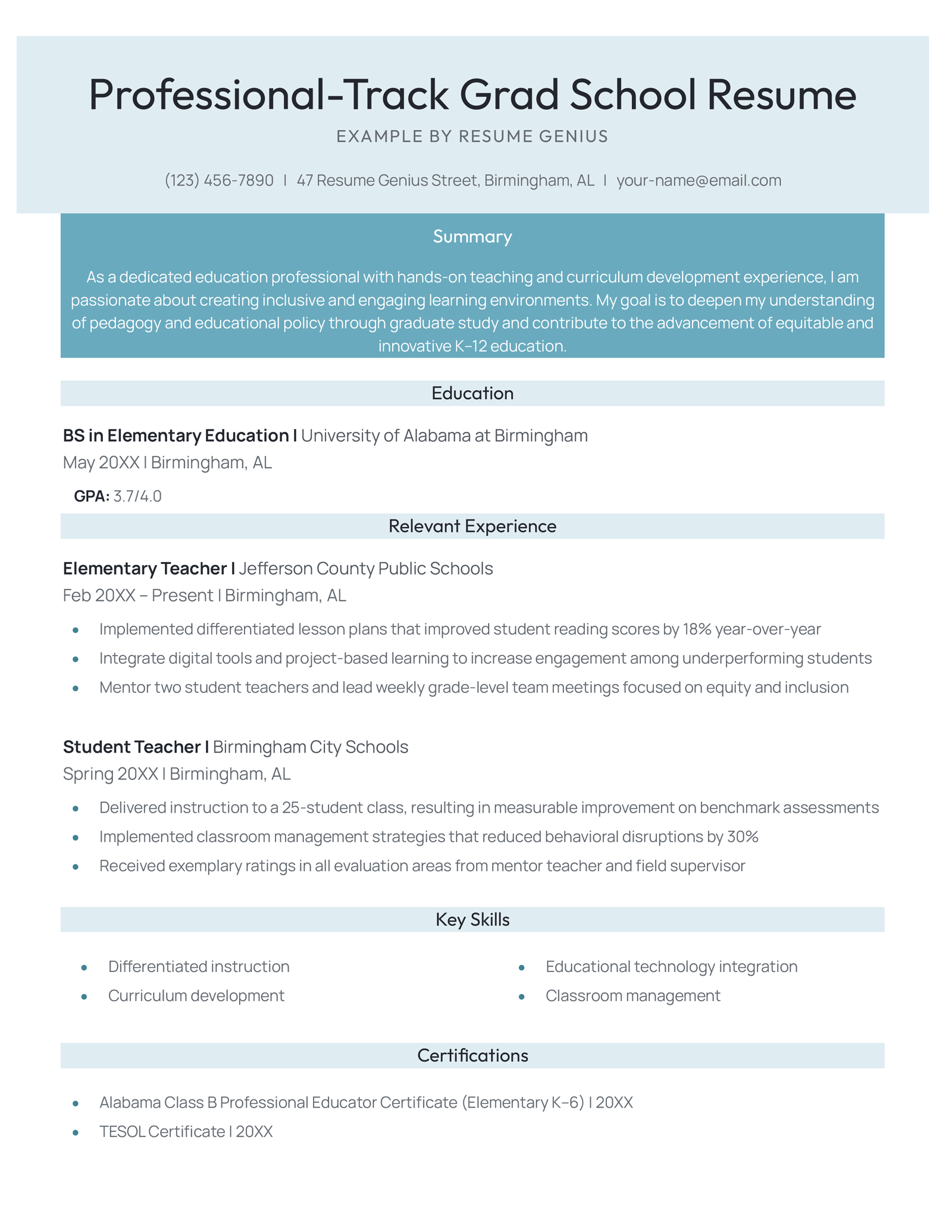 A professional-track grad school resume example.