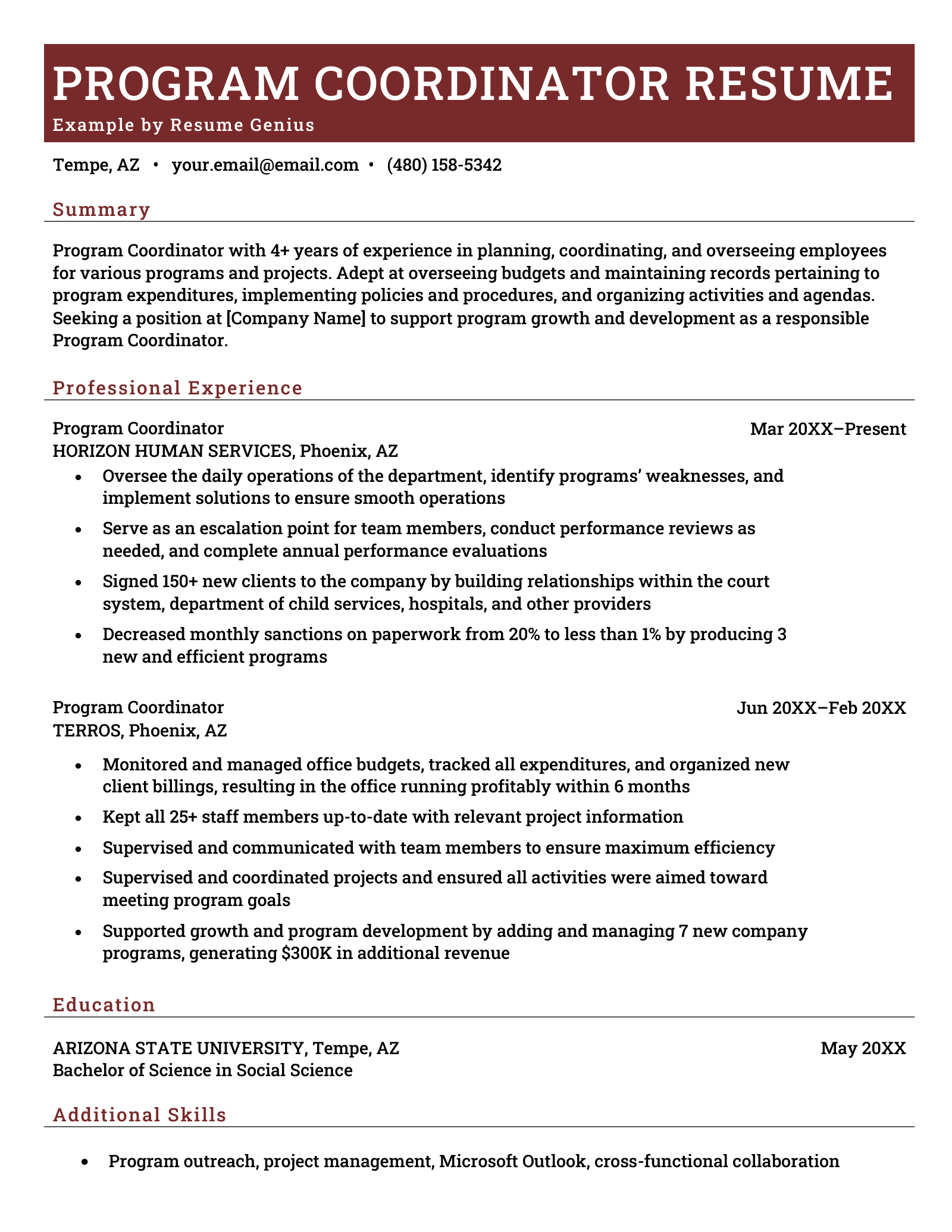 A program coordinator resume sample on a template with a brick red resume header and white font to highlight the applicant's name and contact details, followed by their professional experience, education, and additional skills