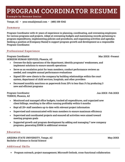 A program coordinator resume sample on a template with a brick red resume header and white font to highlight the applicant's name and contact details, followed by their professional experience, education, and additional skills