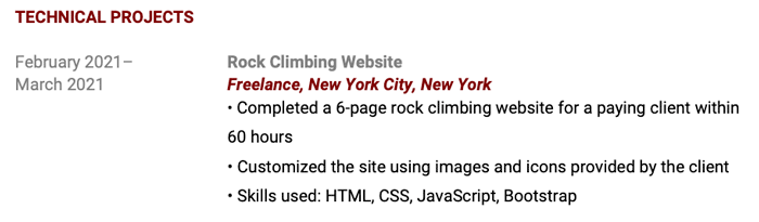 An example of a personal programming project for a resume about a creating a rock climbing website using HTML, CSS, JavaScript, and Boostrap