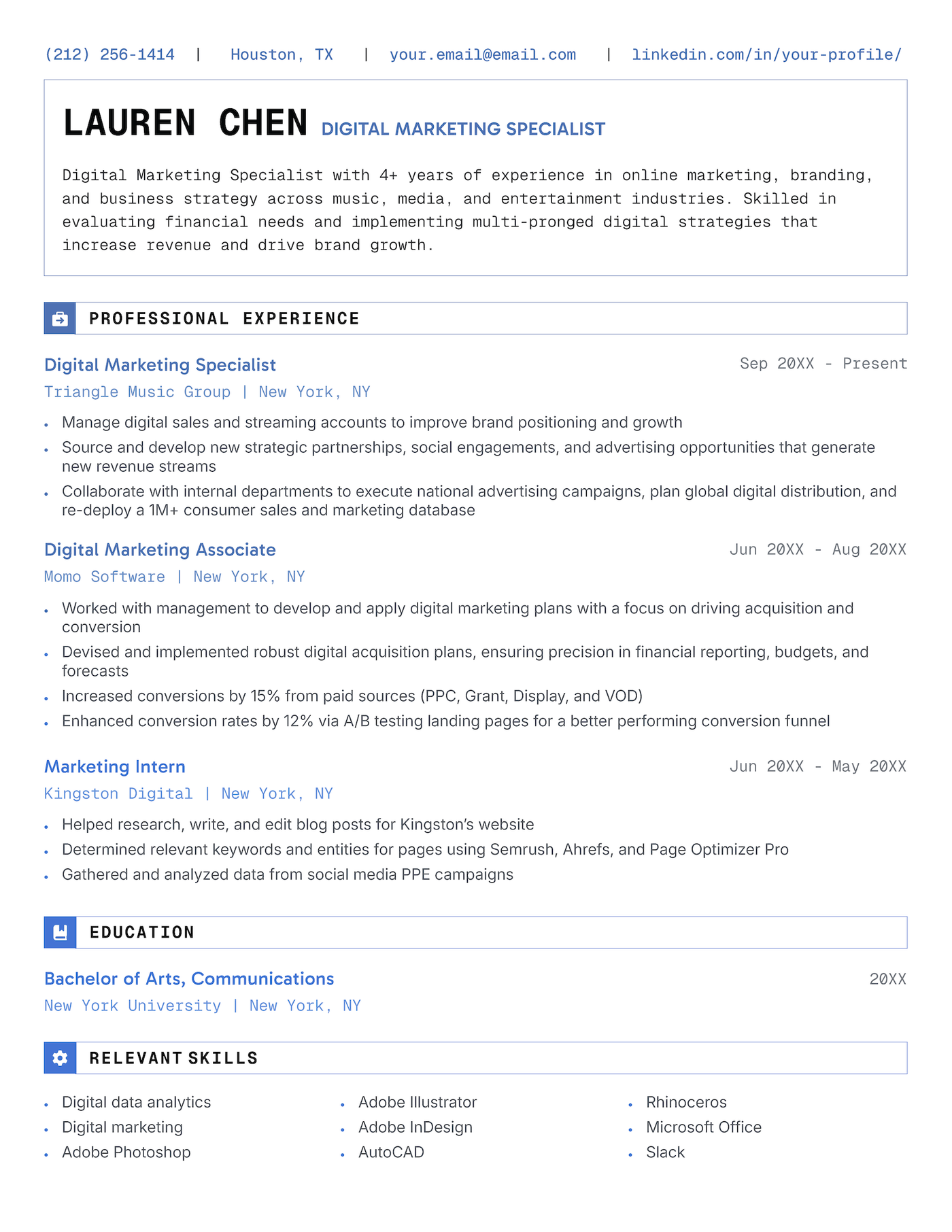 The Progress chronological resume template in blue.