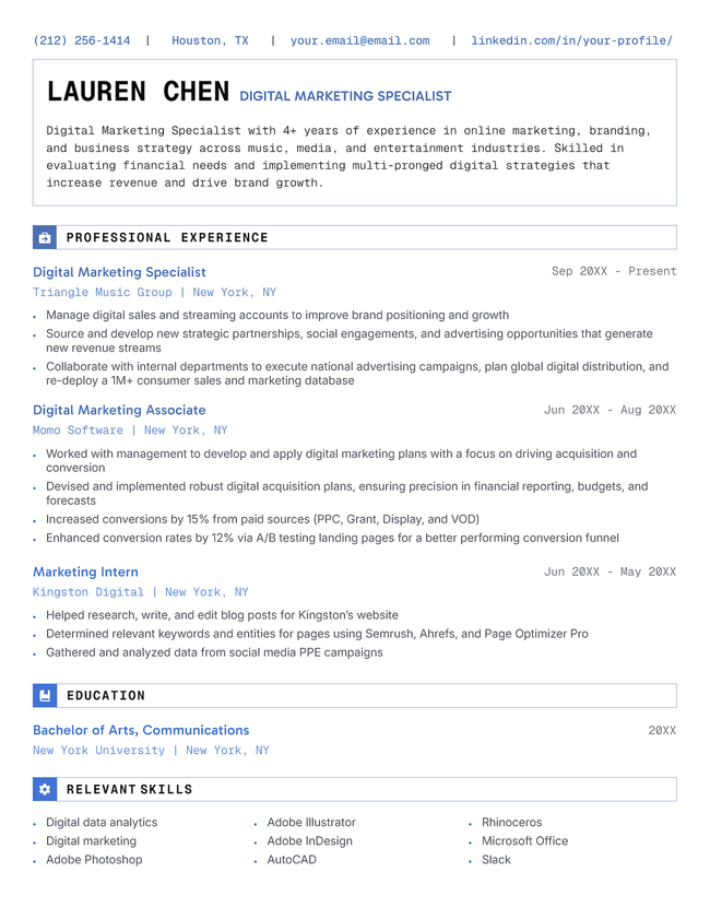 The Progress chronological resume template in blue.
