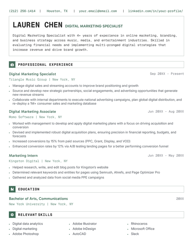 The Progress chronological resume template in green.