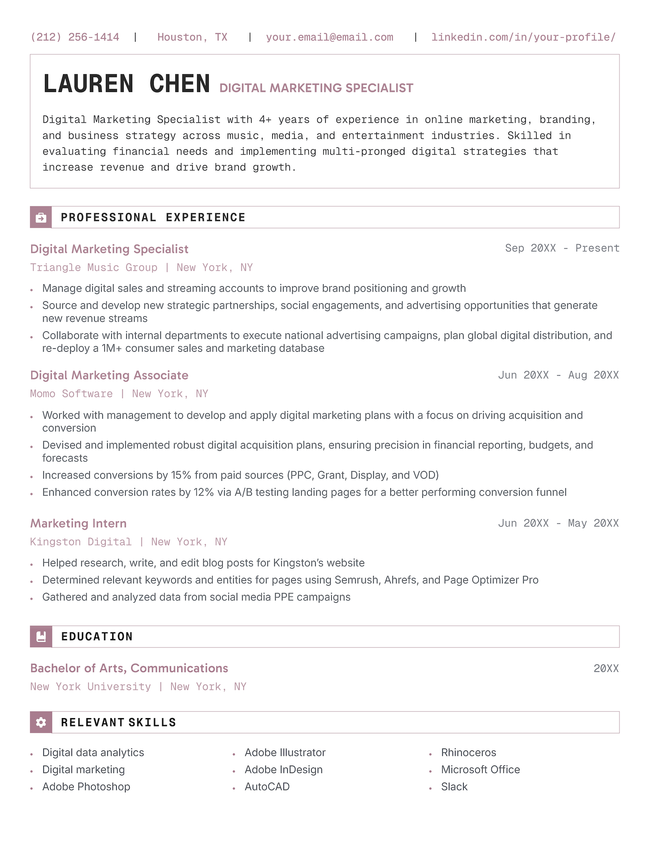 The Progress chronological resume template in pink.