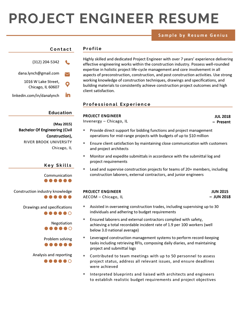 A dark orange-accented project engineer resume with the applicant's contact information, education, and skills in the left column and their profile and work experience on the right