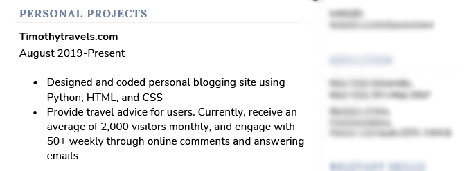 An example of how to list personal projects on your resume