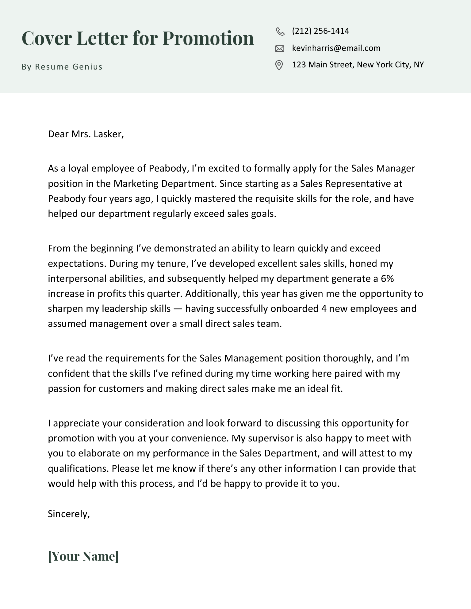 A sample cover letter for an internal promotion