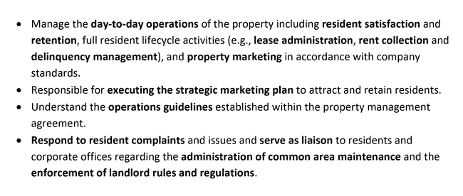 Example of a property manager resume job description.