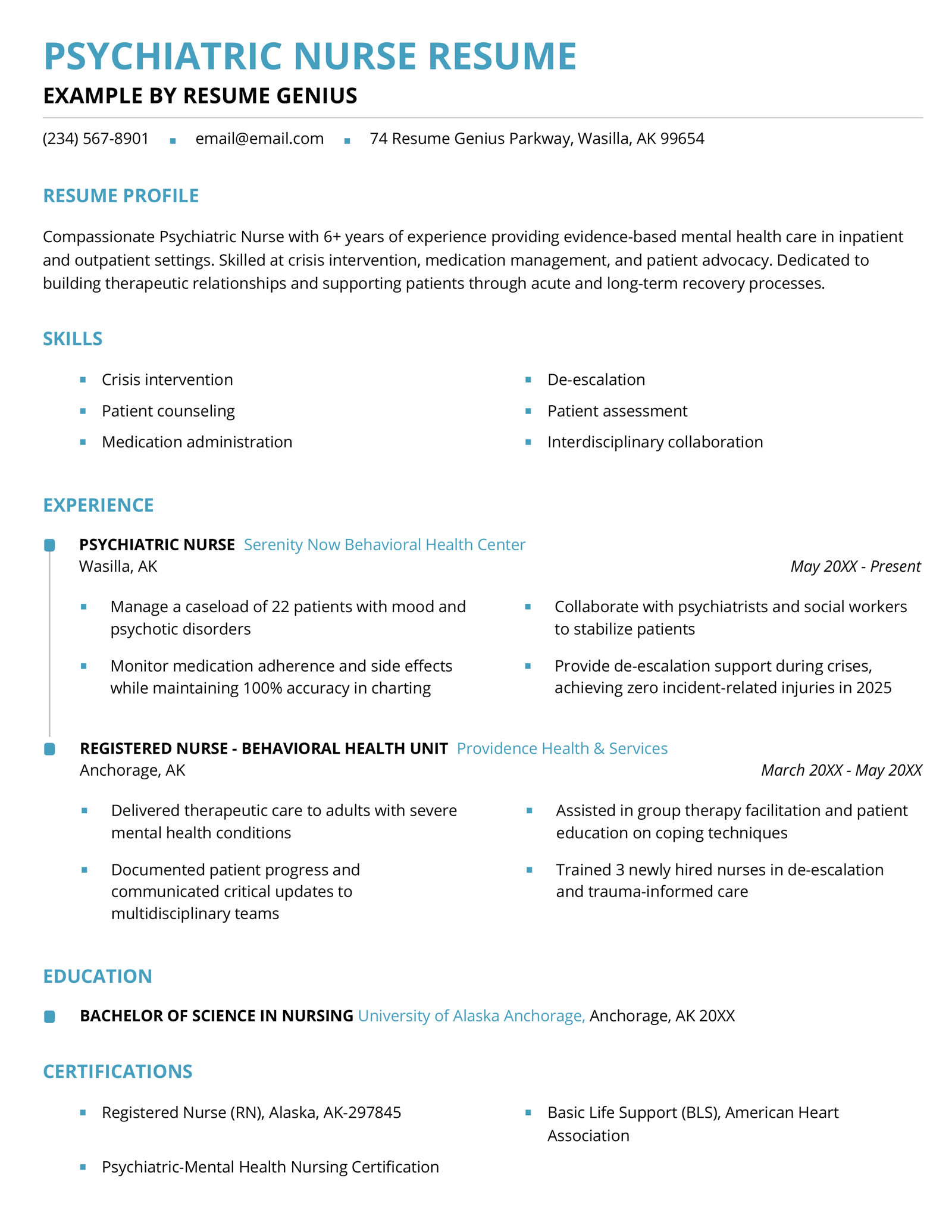 A psychiatric nurse resume example.