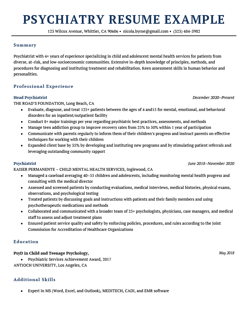 A psychiatry resume example with a white background and the header, experience section, education section, and additional skills section highlighted in dark blue