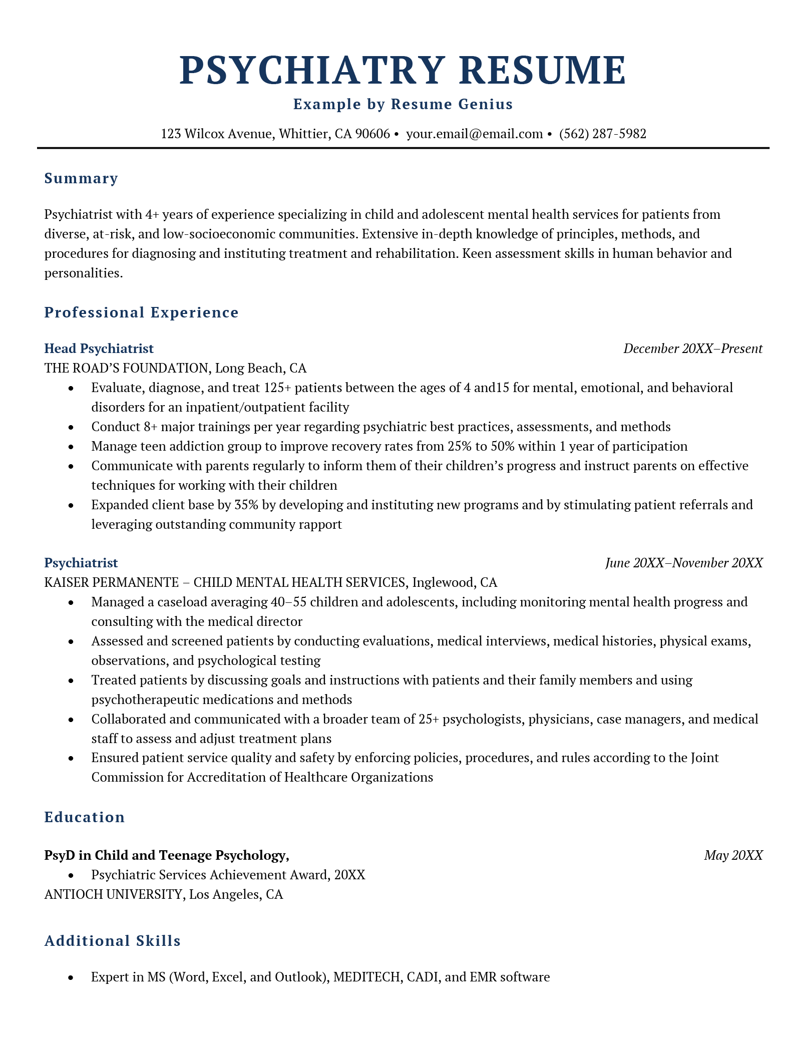 A psychiatry resume example with a white background and the header, experience section, education section, and additional skills section highlighted in dark blue