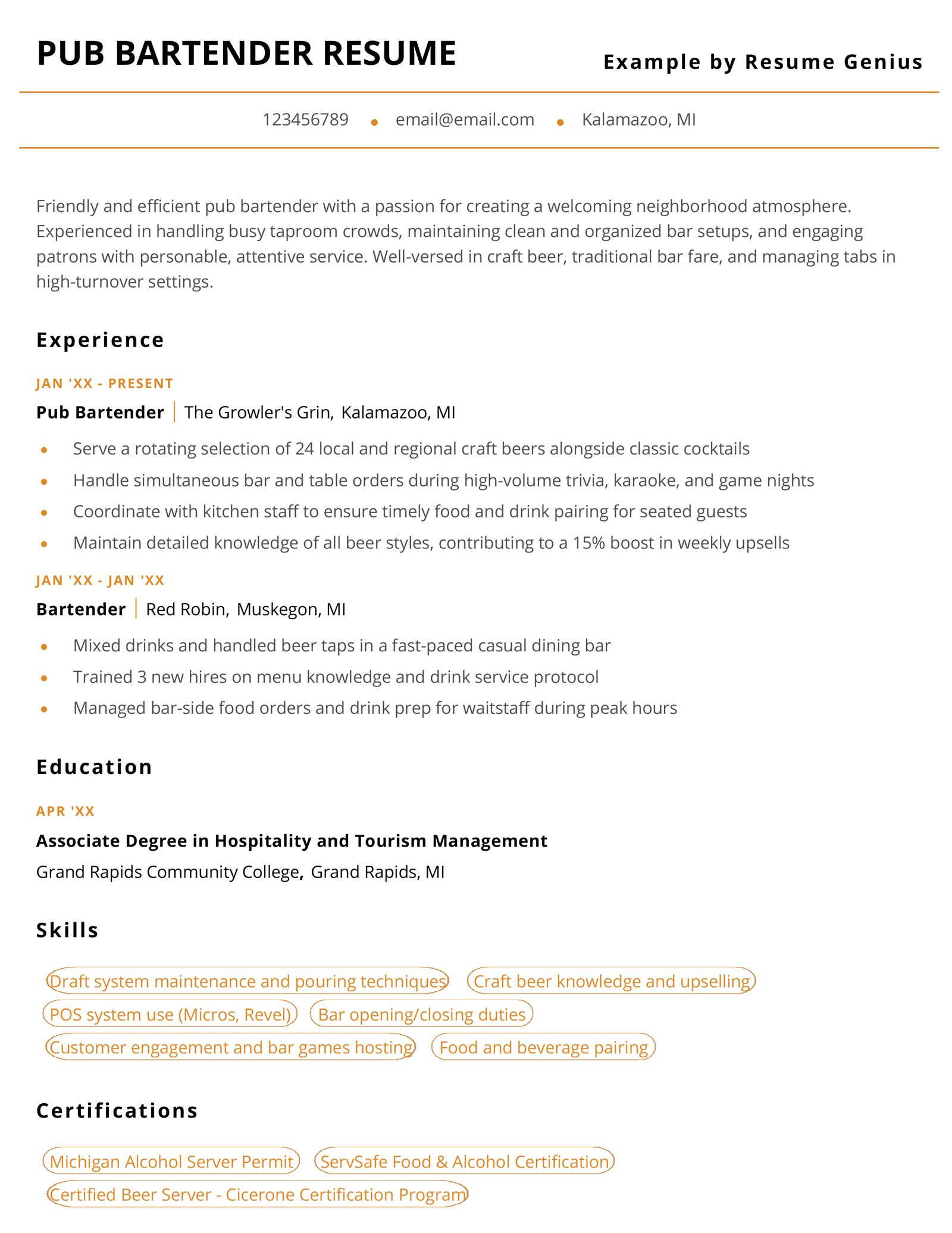 A pub bartender resume example.