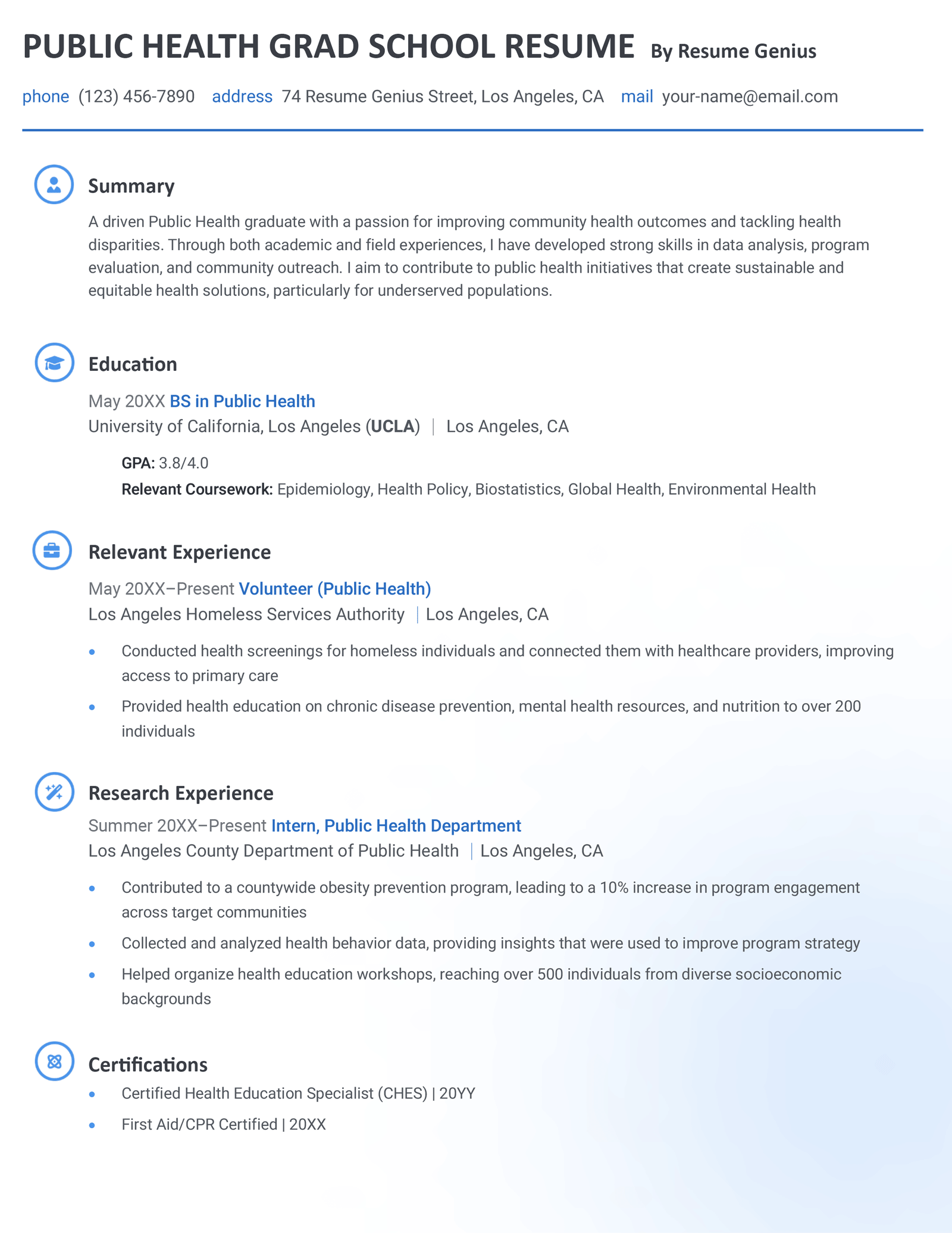 A public health grad school resume example.