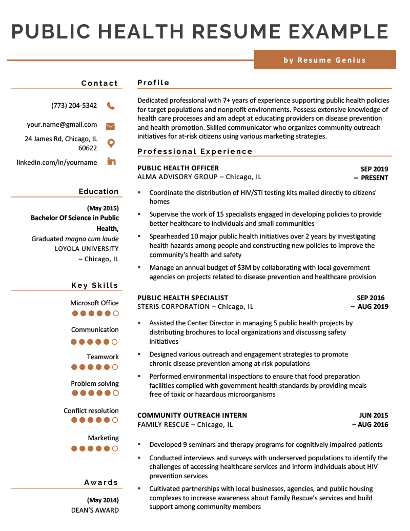 A public health resume sample with orange accents and sections for the applicant's contact information, resume introduction, professional experience, education, key skills, and awards