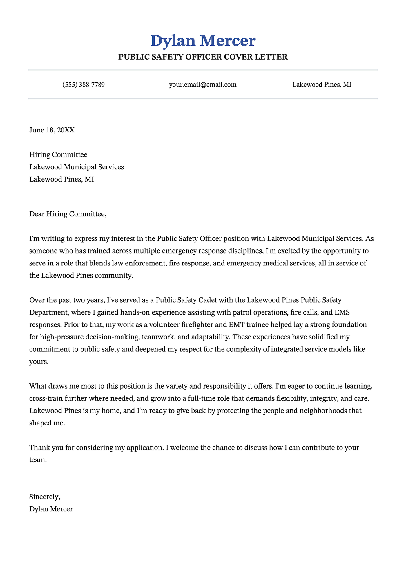 A public safety officer cover letter example.