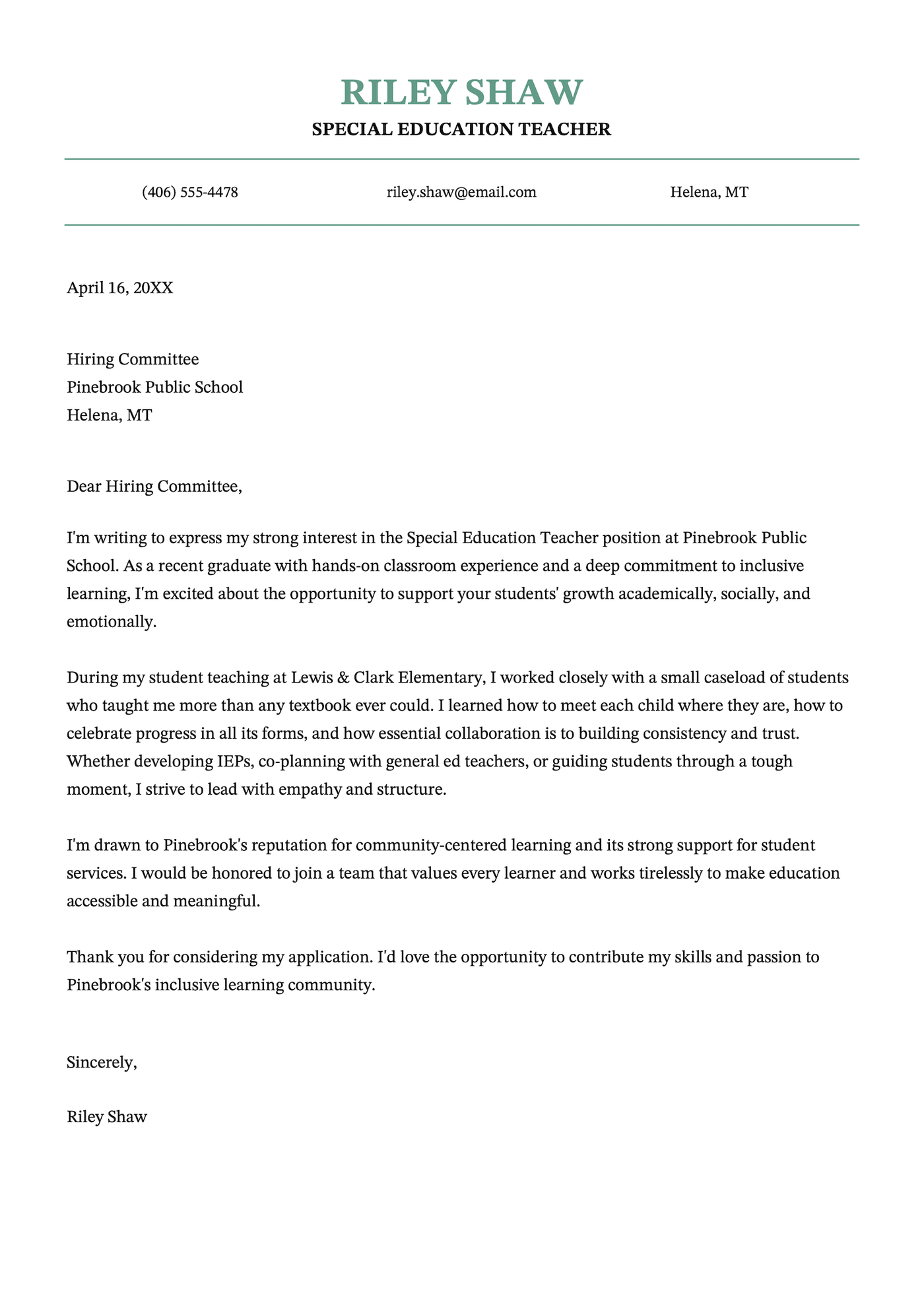 A public school special education teacher cover letter example.