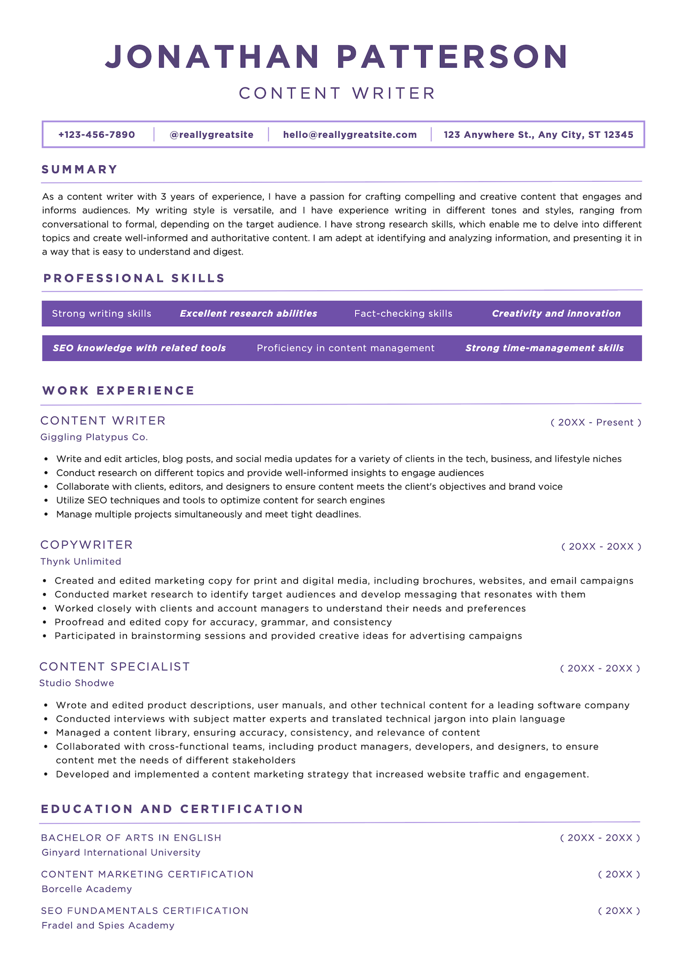 A purple and white Canva resume template.