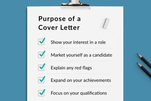 List of purposes of a cover letter against a blue background