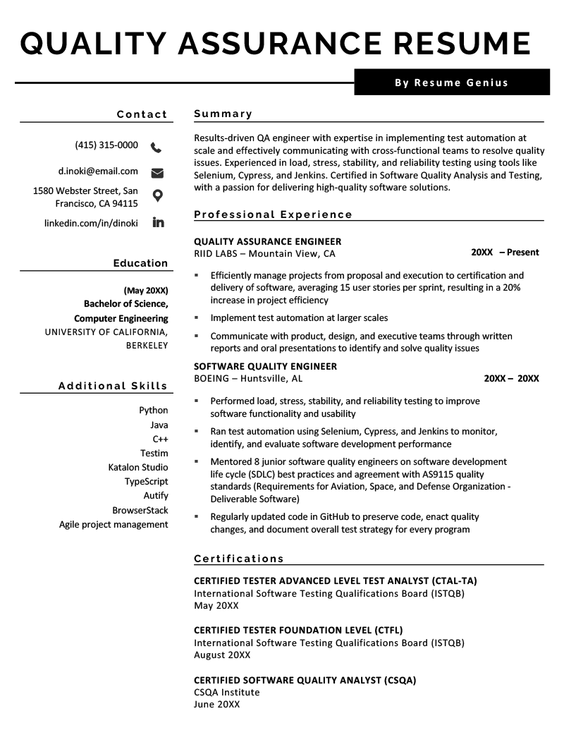 A quality assurance resume example with black text
