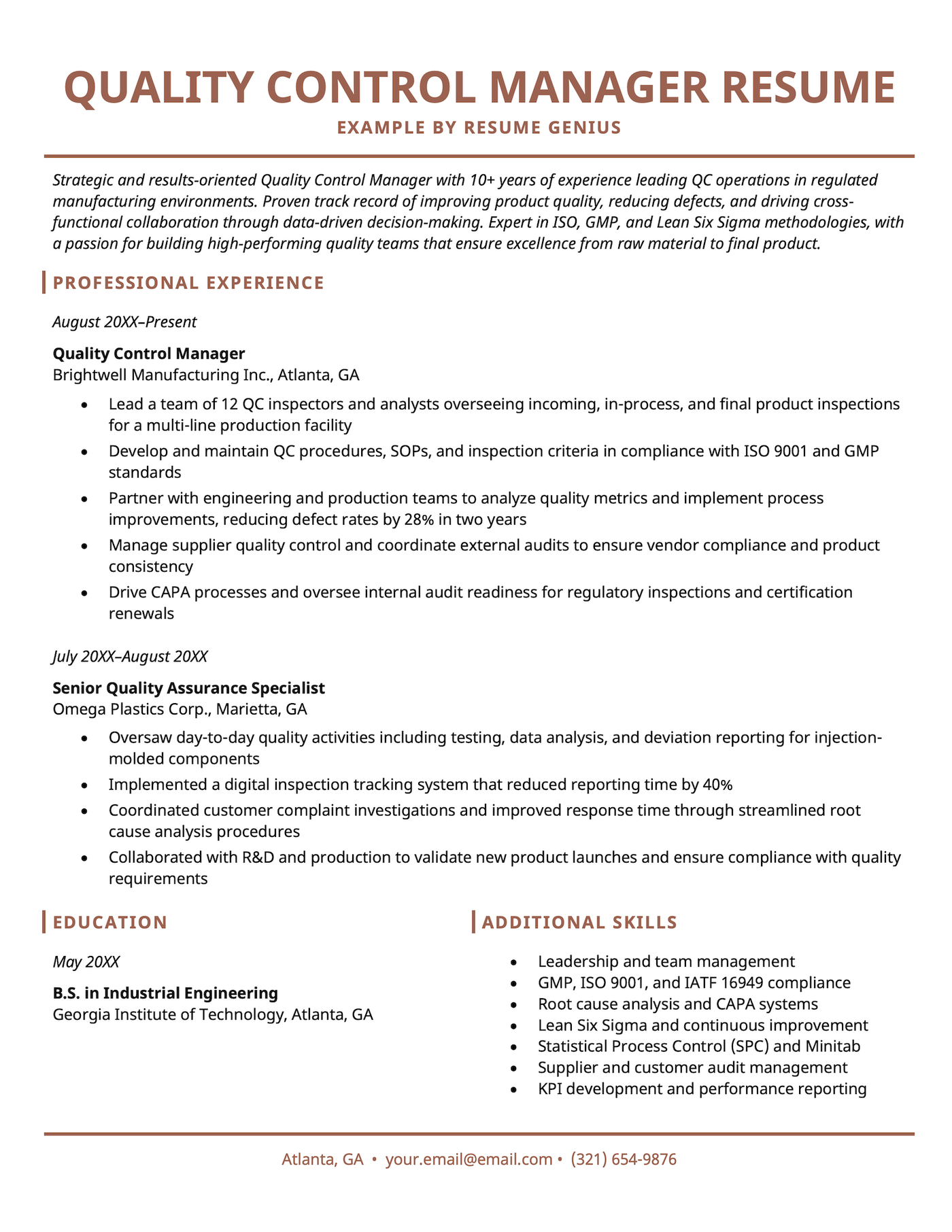 A quality control manager resume example.