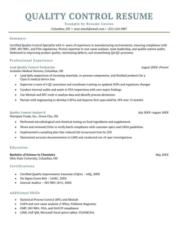 An example quality control resume.