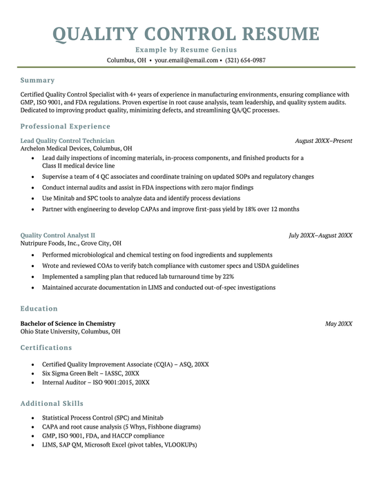 An example quality control resume.