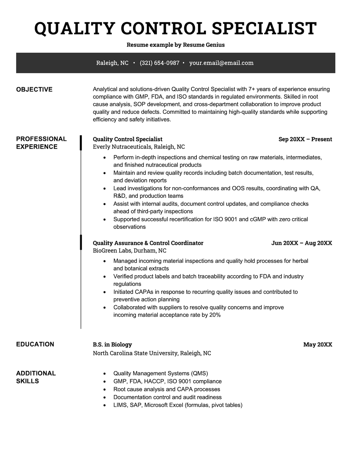 A quality control specialist resume example.
