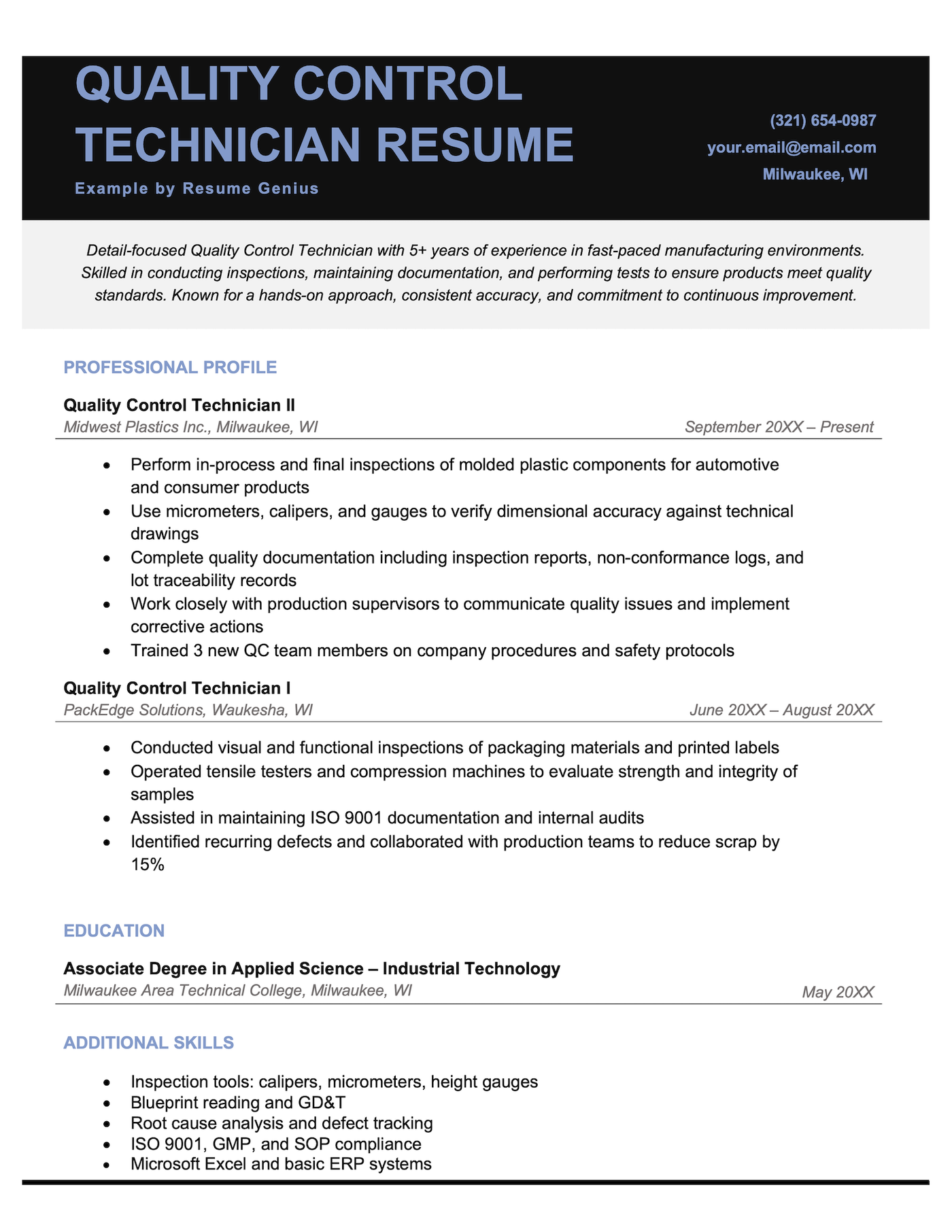 A quality control technician resume example.