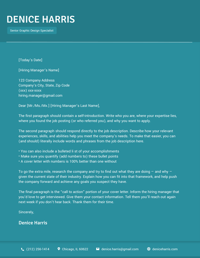 Our "Quick" cover letter template with a full turquoise background.