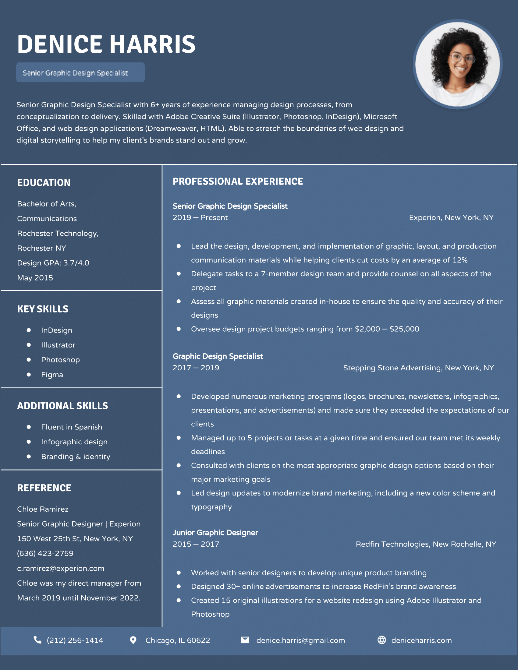 Quick Google Docs resume template with a full-color blue background and two-column layout.