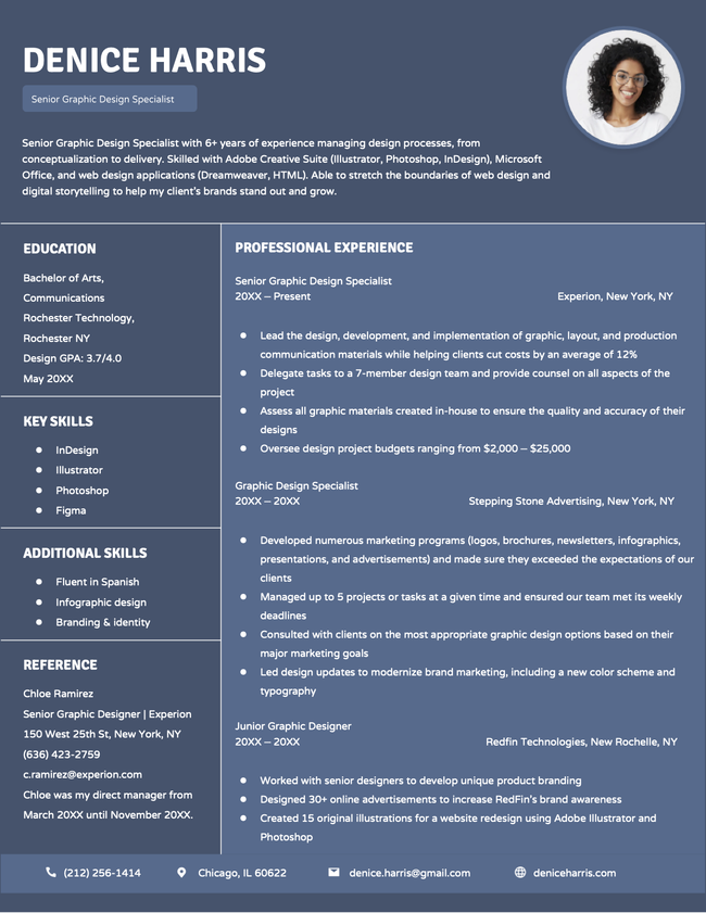 Quick Google Docs resume template with a full-color blue background and two-column layout.