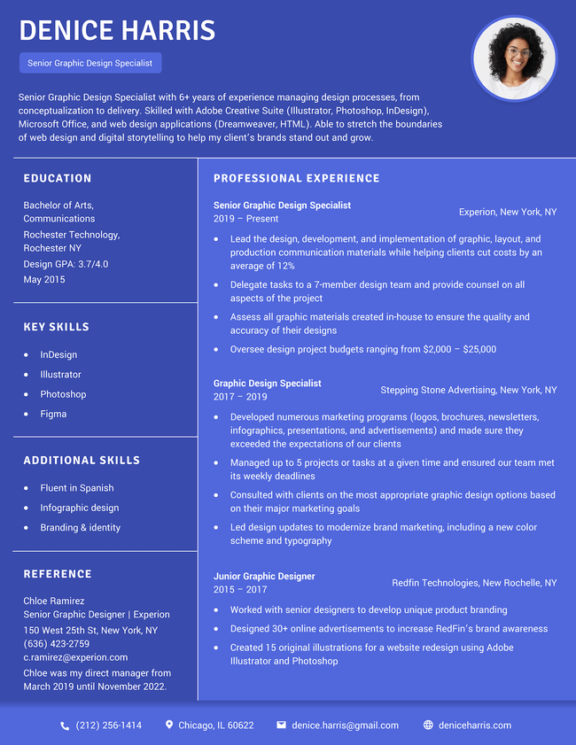 The "Quick" modern resume template in blue, featuring a sidebar and profile photo