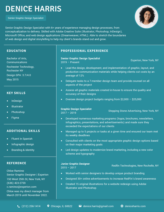 The "Quick" modern resume template in turquoise, featuring a sidebar and profile photo