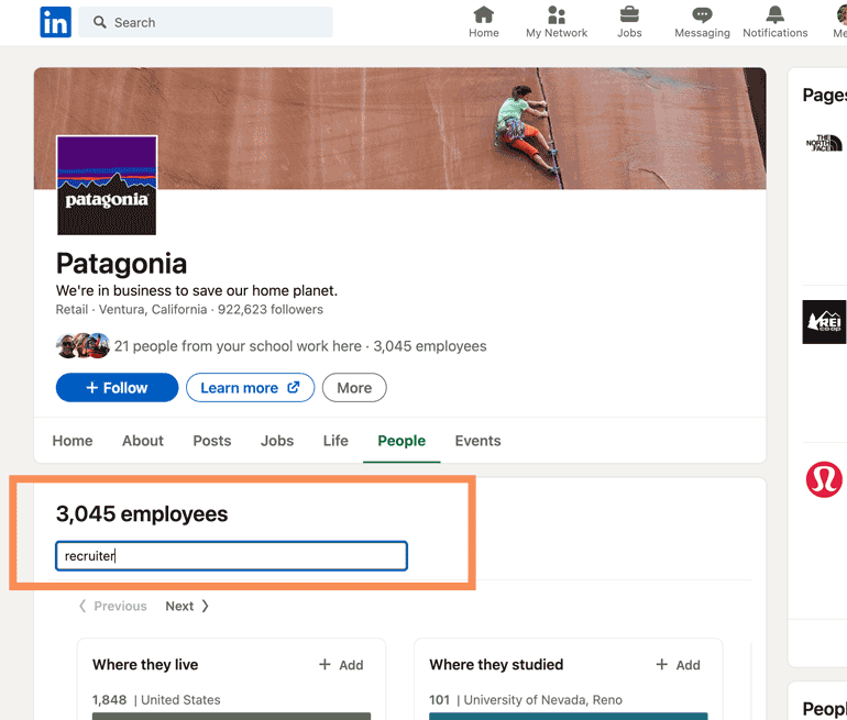 Screenshot of the Patagonia profile on LinkedIn, showing where to search for "recruiter" under the "People" tab to reach out to recruiters on LinkedIn. 