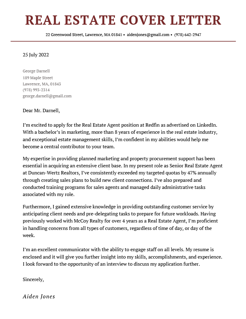 An example of a real estate cover letter example using a red header