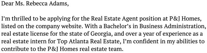 A real estate cover letter introduction written by a recent graduate