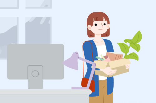 Cartoon image of a woman holding a box of her belongings as she leaves her desk after resigning
