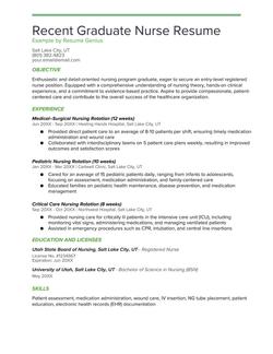 A resume example for a recent nursing graduate.