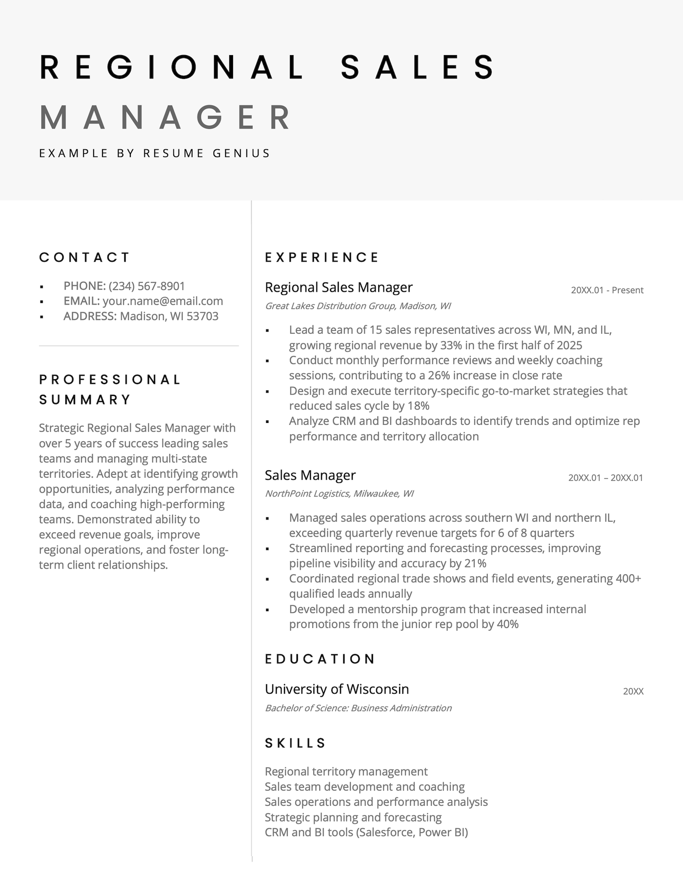 A regional sales manager resume example.