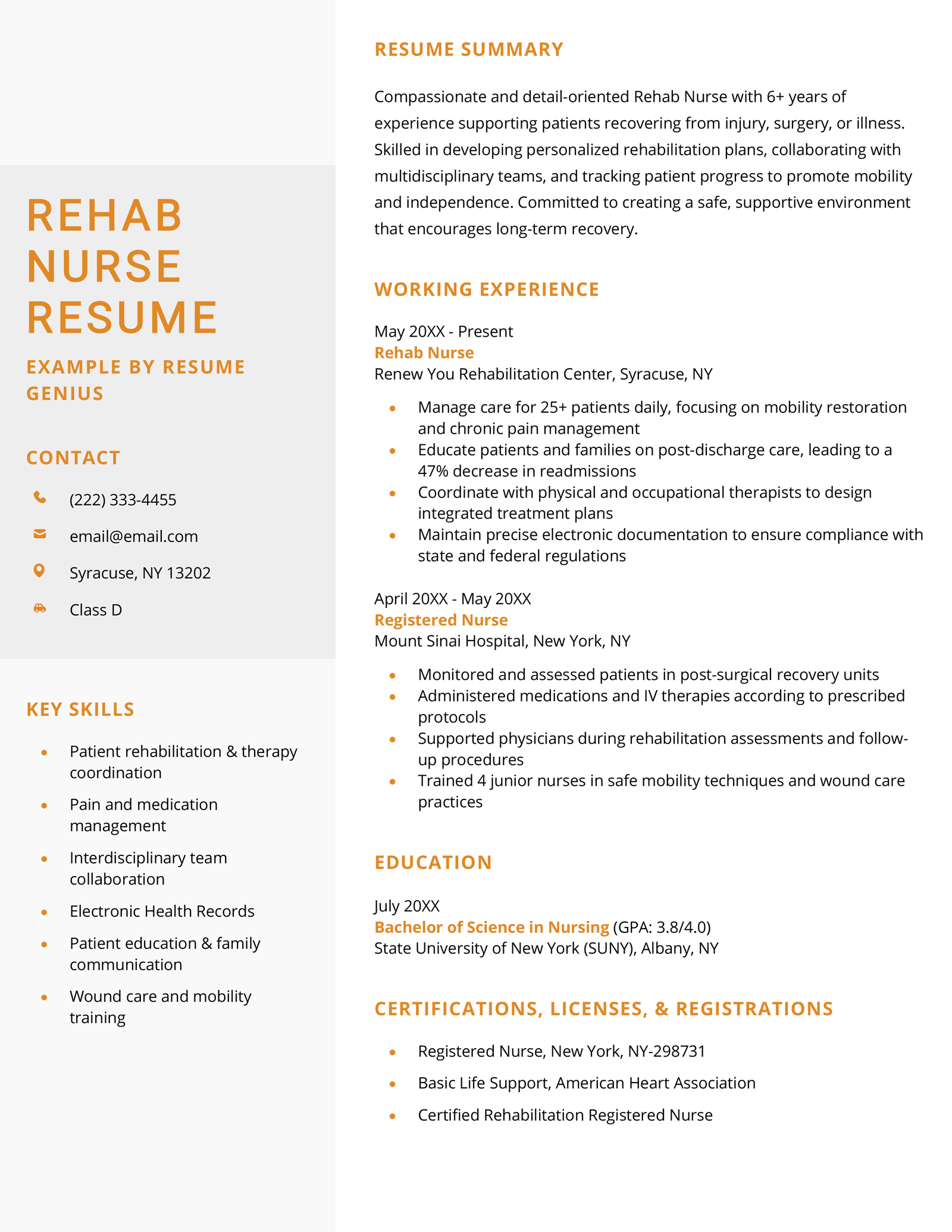 A rehab nurse resume example.
