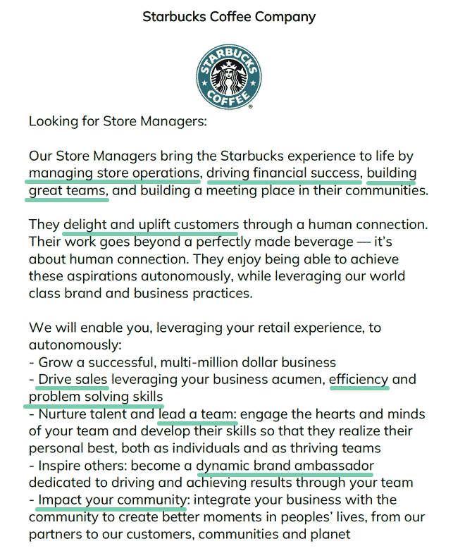 An example of a starbucks job description with keywords highlighted in green to show the relevant experience an applicant should focus on