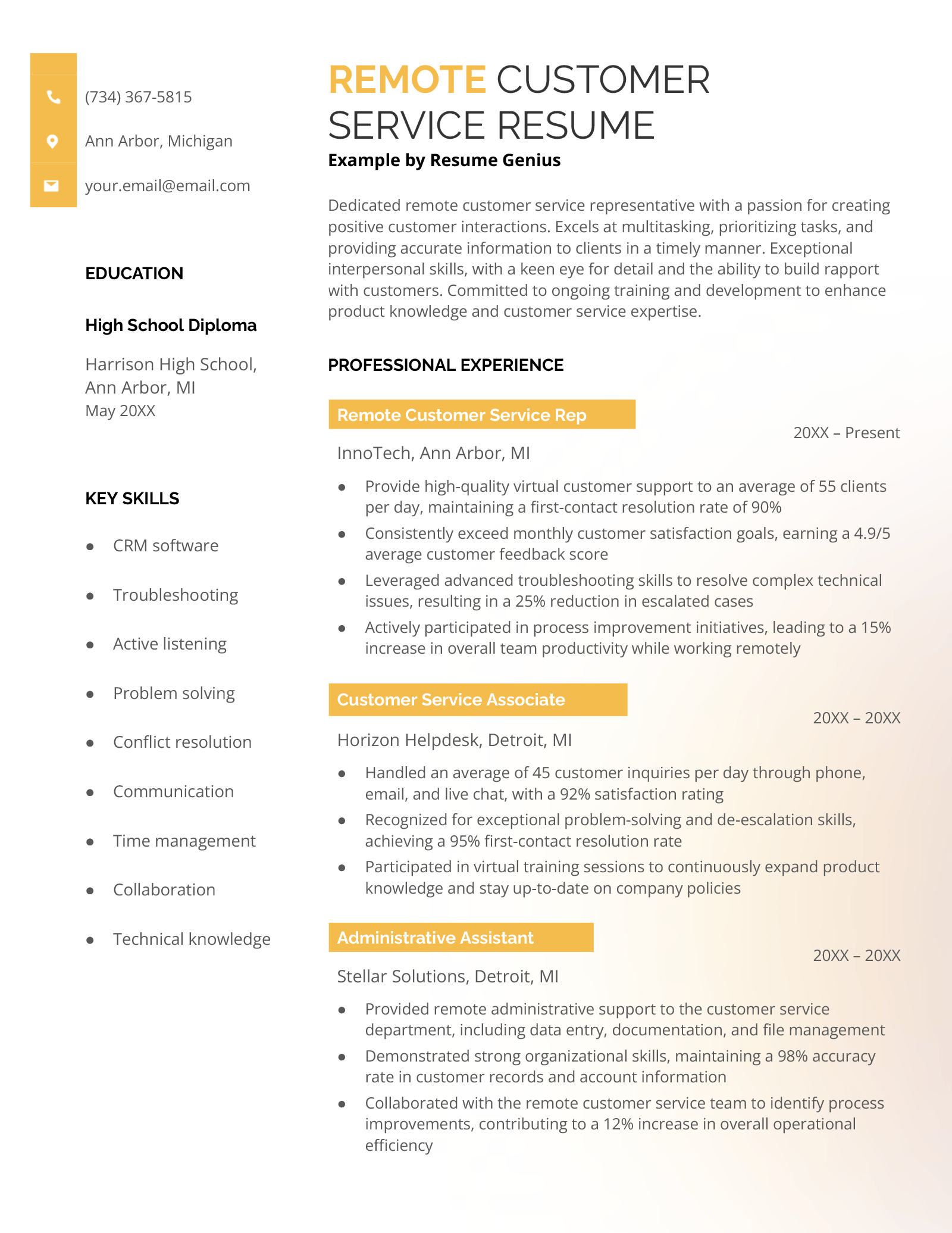 An example resume for a remote customer service professional. 