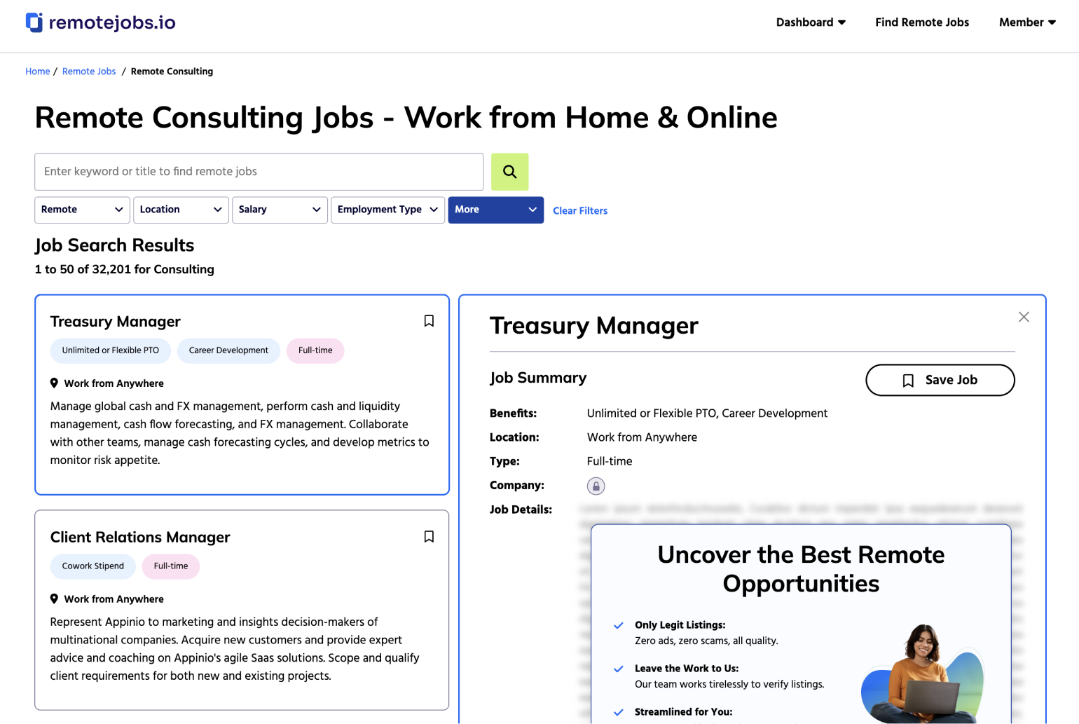 Remote.Jobs.io's job search platform showing three remote consulting job listings.