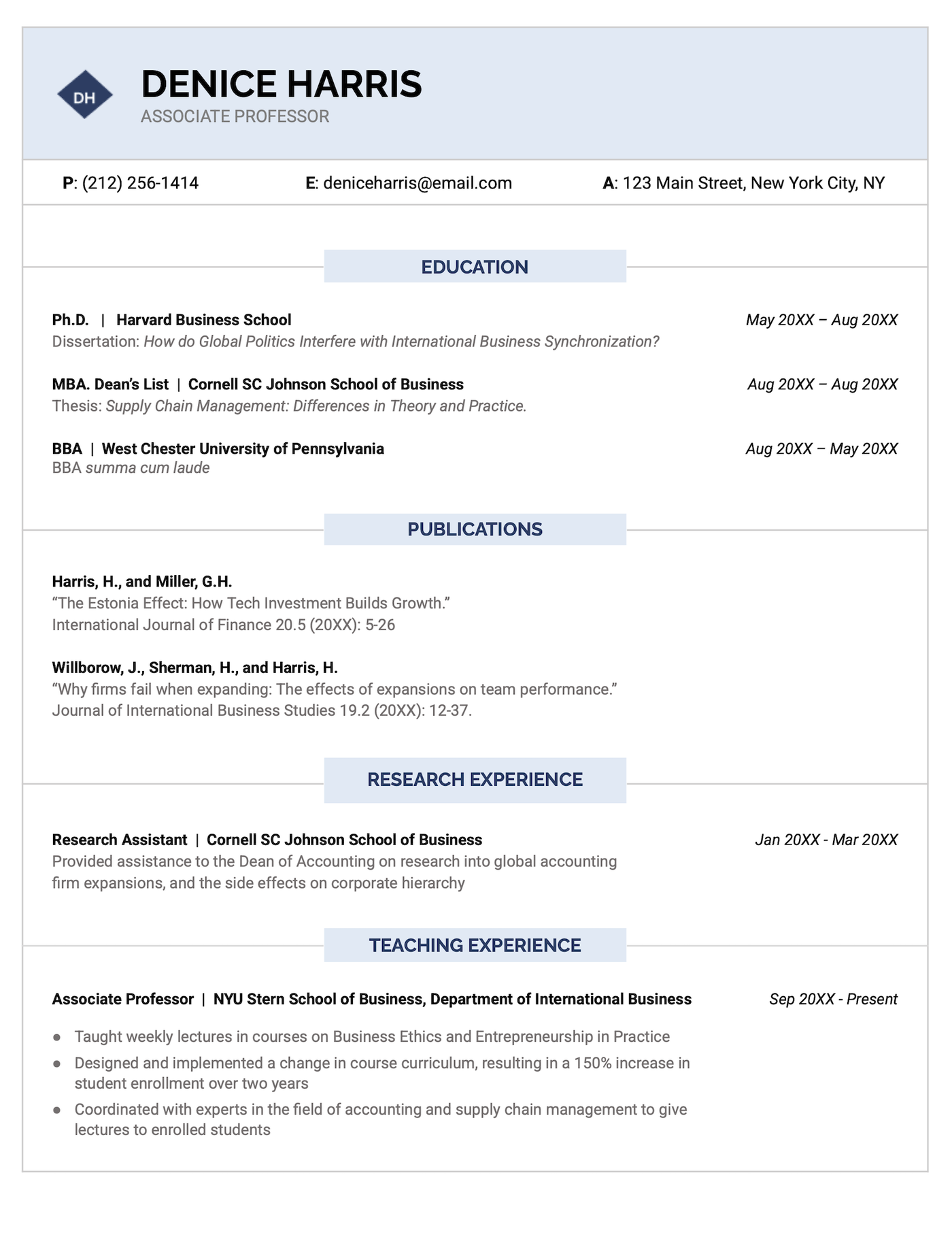 A research resume template for Google Docs.