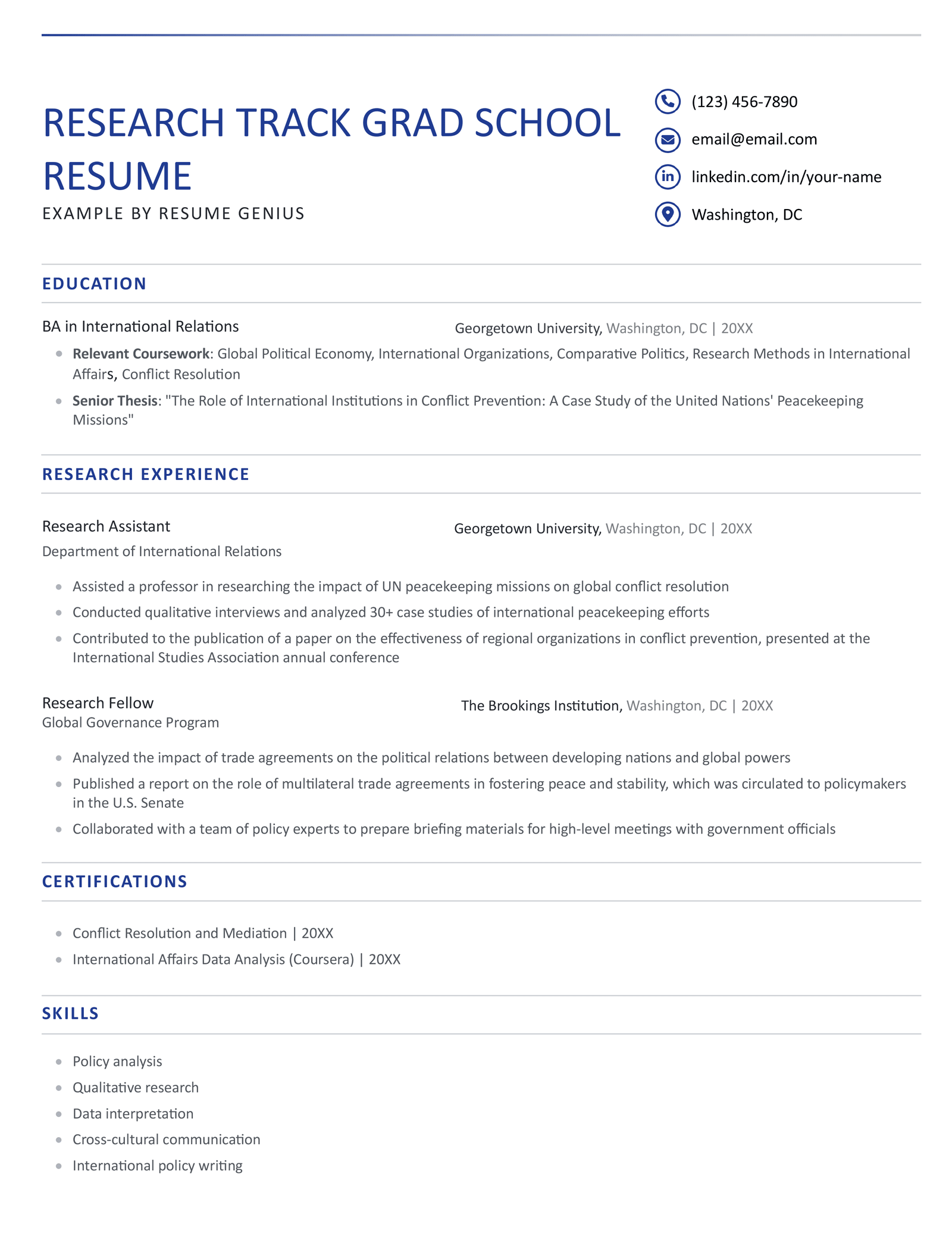 A research track grad school resume example.